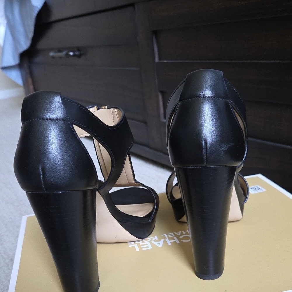 MICHAEL Michael Kors Black Leather Gold-Zip T-Strap Platform Heels - Picture 3 of 7